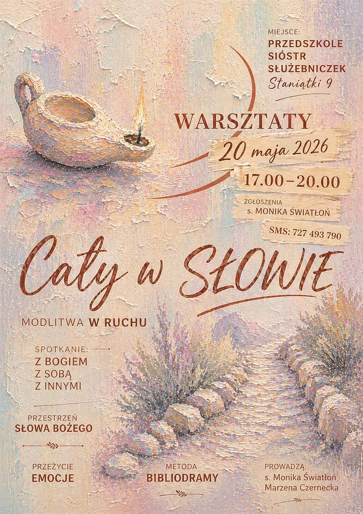 Colorful textured poster advertising a workshop titled 'Caty w Słowie' on May 20, 2016, 17:00–20:00, led by Monika Świątłoń; contact SMS provided.