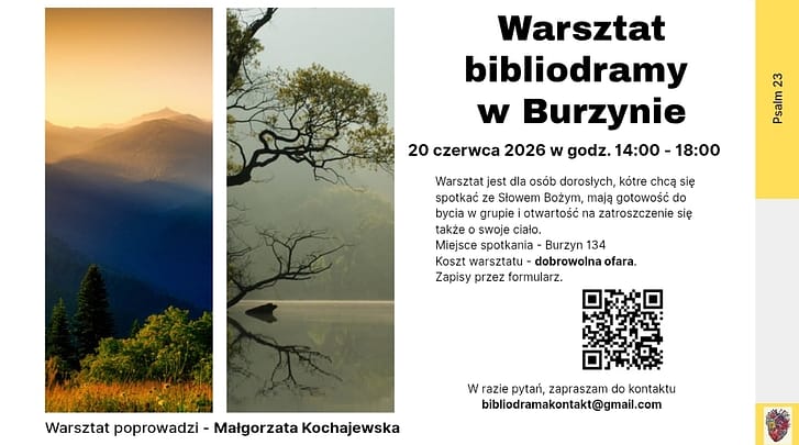 Poster advertising a bibliodrama workshop in Burzyn on 20 June 2026, showing two landscape photos beside bold event title and date.
